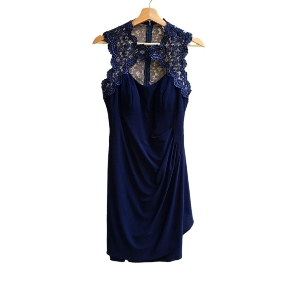 XSCAPE Navy Blue Sleeveless Lace Mock Neck Ruched Dress Size 6